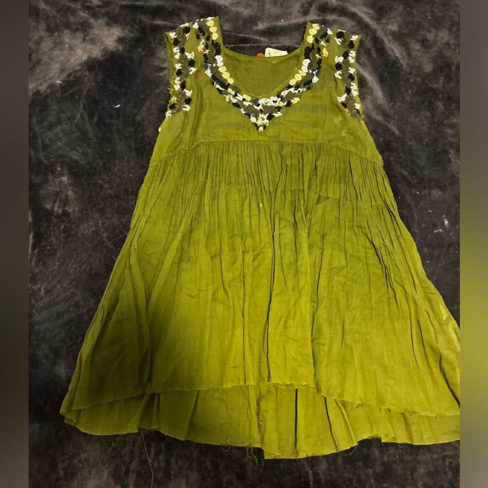 Free People Embroidered Green Smock Dress Medium